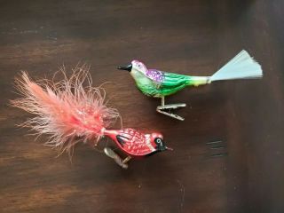 2 Vintage Christmas Tree Glass Ornament Red Bird Tail Clip On