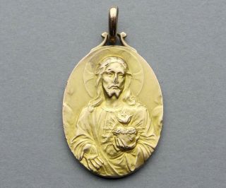 Jesus Christ Sacred Heart.  Antique Religious Pendant.  French Medal.  Gold Plating