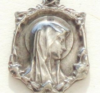 Holy Mary Of Lourdes - Antique Silver Art Nouveau Medal Pendant