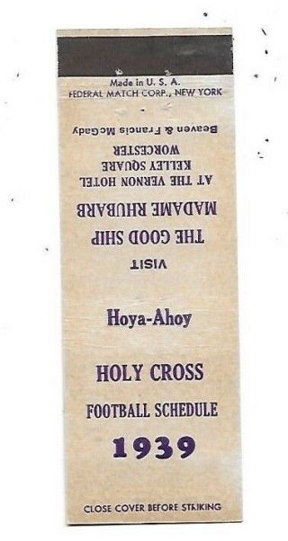Vintage Matchbook Cover College Of Holy Cross Football Schedule 1939 32