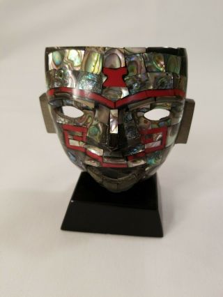 Red/mother Of Pearl Mexican Mayan Handmade Aztec Stone Mosaic Mask