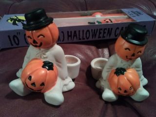 2 Vintage Halloween Ghost W/ Pumpkin Jack - O - Lantern Small Taper Candle Holders