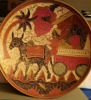 Egyptian? Mexican? Copper Brass Collector Plate Bull Pulling Buggy Hand Painted