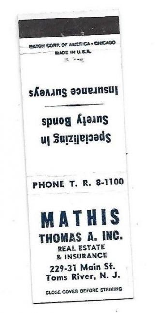 Vintage Matchbook Cover Thomas A Mathis Insurance Real Estate Toms River Nj 474