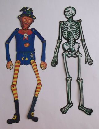 Vintage Die Cut Halloween Jointed Witch & Skelton - Unmarked 22 "