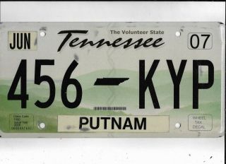 Tennessee Passenger 2007 License Plate " 456 Kyp " Putnam