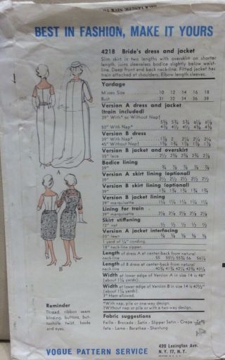 VOGUE SPECIAL DESIGN 4218 VTG 1950 ' s - 1960 ' s BRIDE ' S DRESS & JACKET 34B 2