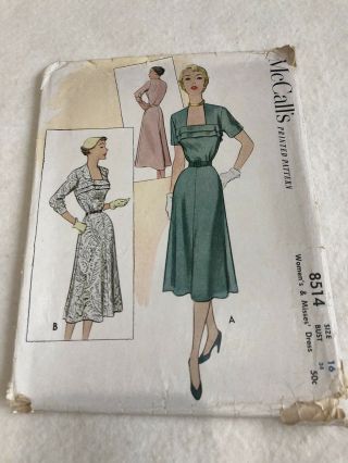 Vintage 1951 Mccall’s 8515 Dress With Flounce Front And 3 Sleeve Lengths Size 16