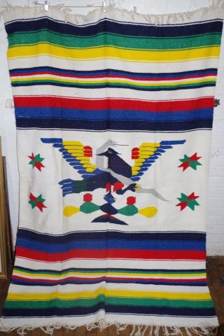Vintage 75x48 Mexican Saltillo Serape Blanket Wool Hand Woven Bird Fringes