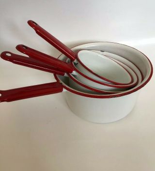 Vintage Enamelware Red And White Nesting Sauce Pans Set Of 4 3