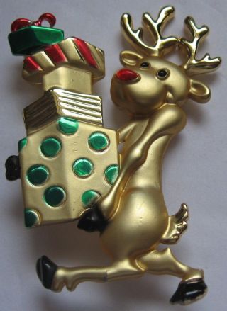 Vintage Rudolph Pin Reindeer Gift Boxes Ajc Disney Gold Tone Enamel Brooch