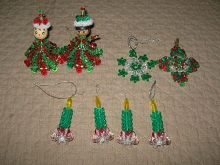 8 Vintage Christmas Ornaments Handmade Beaded Girl Candle Snowflake Red Green