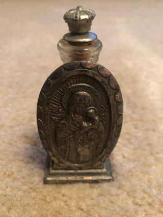 Vintage Embossed Glass Holy Water Bottle Crown Metal Stopper & Bottle Holder