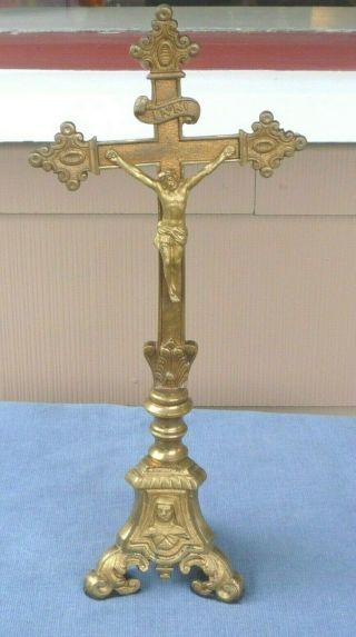 Vintage Antique Ornate Brass Altar Crucifix Cross Tri Footed Holy Family