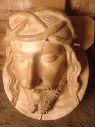 Hand Carved Wood Figure Jesus With Crown Of Thorns & Cross