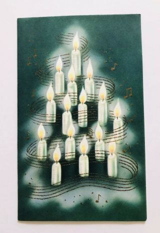 Vintage Christmas Card Mcm Mid Century Candle Tree Gold Glitter Music Note Green
