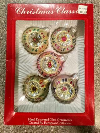 5 Vintage Hand Painted Glass Christmas Ornaments Indents Gorgeous Colors