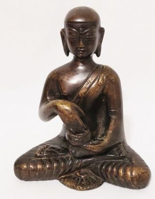 Vintage Bronze Buddhist Monk With Begging Bowl