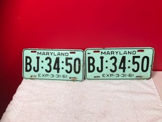 Set Of 2 Matching 1961 Rare Vintage Antique Maryland License Plate