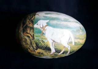 Vintage Bethany Lowe Designs 6 " Paper Mache Easter Egg W/ Lamb And Rabbit