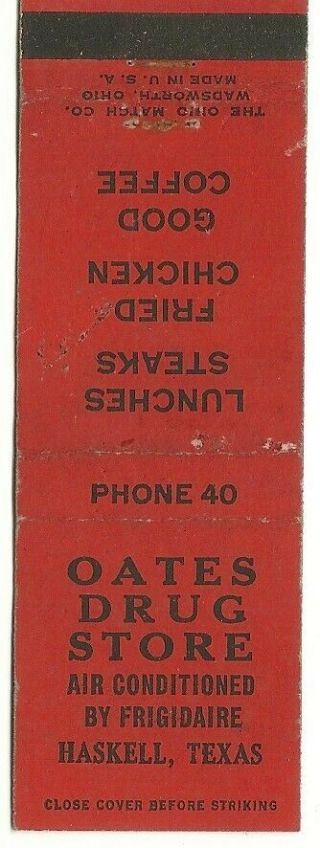 Vintage Matchbook Cover - Oates Drug Store - Haskell Texas