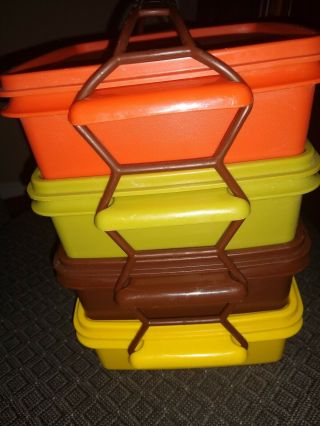 Vintage Tupperware Square Sandwich Snack Keepers Picnic Set Of 4 Carrier Handle