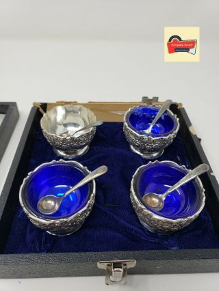Vtg Fb Rogers Silver Co Cobalt Blue Salt Cellars Set Of 4 With Box