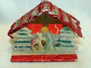 Vintage Christmas Putz House With Celluloid Girl And Reindeer Japan