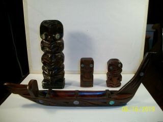 Vtg; Hand Carved Wooden Canoe And 3 Tiki Figurines From Zealand Paua Shells