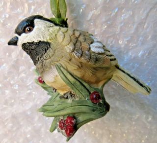 Vintage Resin Chickadee Bird On Snowy Berry Pine Branch Christmas Ornament