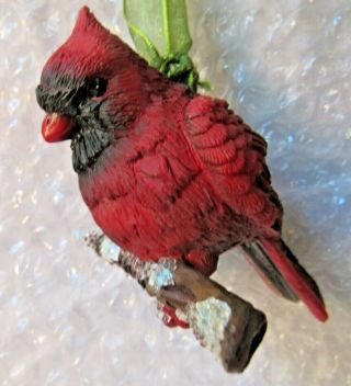 Vintage Resin Cardinal Bird On Snowy Berry Branch Christmas Ornament