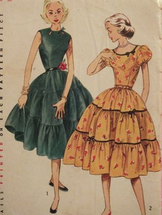 Vtg 50s Simplicity 4155 Teen Ms Fitted Dress Tiered Skirt Pattern 12/30b