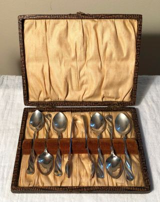 Vintage Boxed Set Of 6 Epns English Make Tea / Coffee Spoons & 1 Sugar Tongs