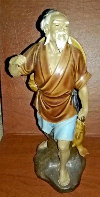 Vtg Chinese Ceramic Mud Man Fisherman Figurine Statue Flaw