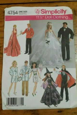 Vintage Simplicity Fashion Doll Clothes Pattern 4754 Size 11.  5 "