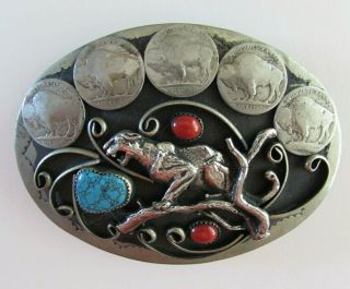 Large Vtg Turquoise Coral Silver Buffalo Nickel Belt Buckle