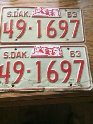 1963 South Dakota Matched Set Of License Plates.  Sd 49 T 1697.