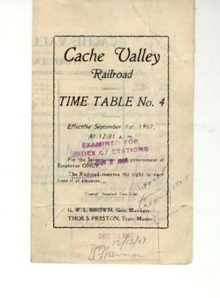 Cache Valley Railroad 1907 Employee Timetables Arkansas