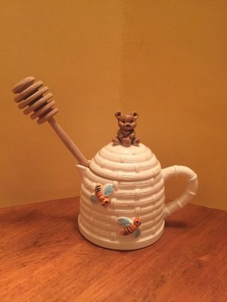 Honey Pot White Ceramic Jar W/lid & Wooden Dipper Bees On Sides & Bear On Top