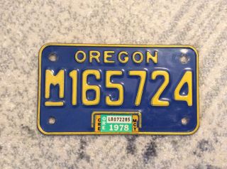 1971 Oregon Motorcycle License Plate - Yellow On Blue With 1978 Tag