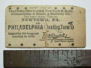 Antique Philadelphia Newtown York P&r Reading Railway Joint Ticket Pa Rr
