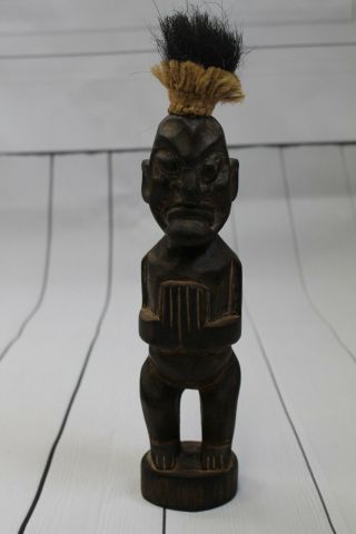 Vintage Primitive Hand Carved Tiki 12 " God Men Hair Hawaii African Figure Tribal