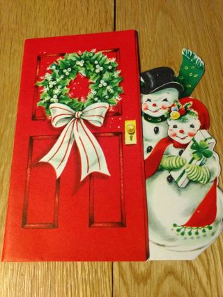 Vintage Christmas Card Snowman Couple At Red Door Wreath