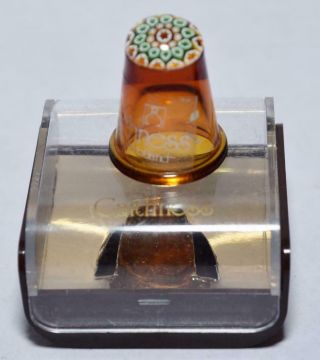 Vtg.  Caithness Glass Thimble - Made In Scotland - Floral Design On Top - Amber