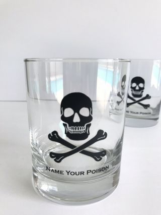 2 Black Skull And Crossbones Name Your Poison Whiskey Old Fashioned Glasses