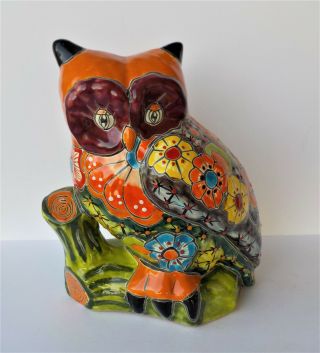 Mexican Pottery Owl On Tree Stump Sculpture Animal Figure 10 1/2 "