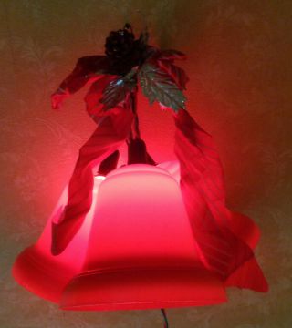 Vtg Xmas Hard Plastic Red 3 Bell Light Cluster W Foil Leaf Pine Cone & Ribbon