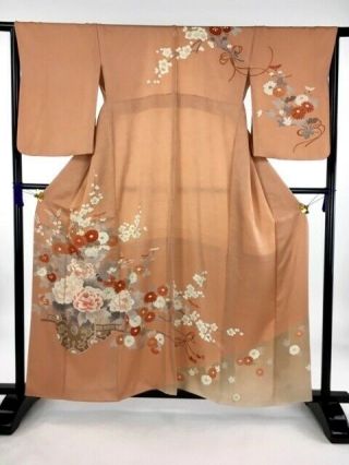 Japanese Kimono " Houmongi " Silk,  Embroidery Flower,  Pale Orange,  Length 62 ".  756