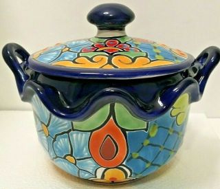 Mexican Pottery Talavera Canister Bean Pot Bowl Lid Handle Folk Art