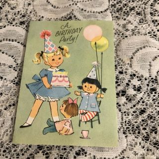 Vintage Greeting Card Birthday Party Invite Cute Girl Dolls